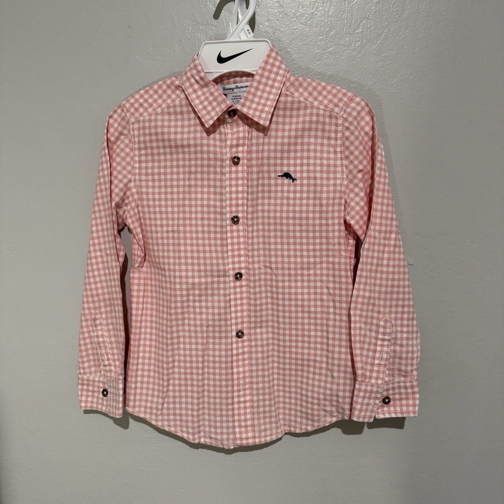 Tommy Bahama Boys Medium 7/8 Pink White Gingham Long Sleeve Button Up Shirt